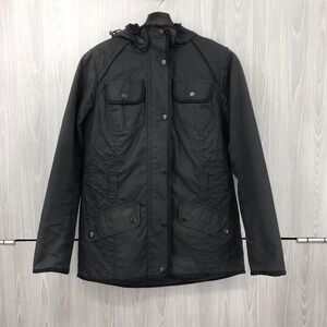 Barbour Durnon Waxed Cotton Jacket US 6 Black Quilted Hooded Coat